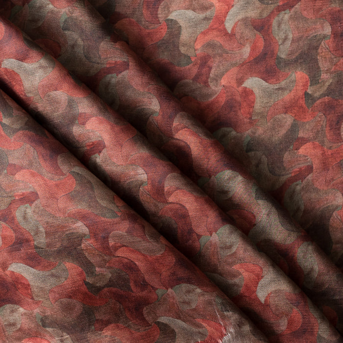 Autumn Silhouette linen–Bemberg fabric with warm abstract swirl print, 130 GSM, silk-like drape.