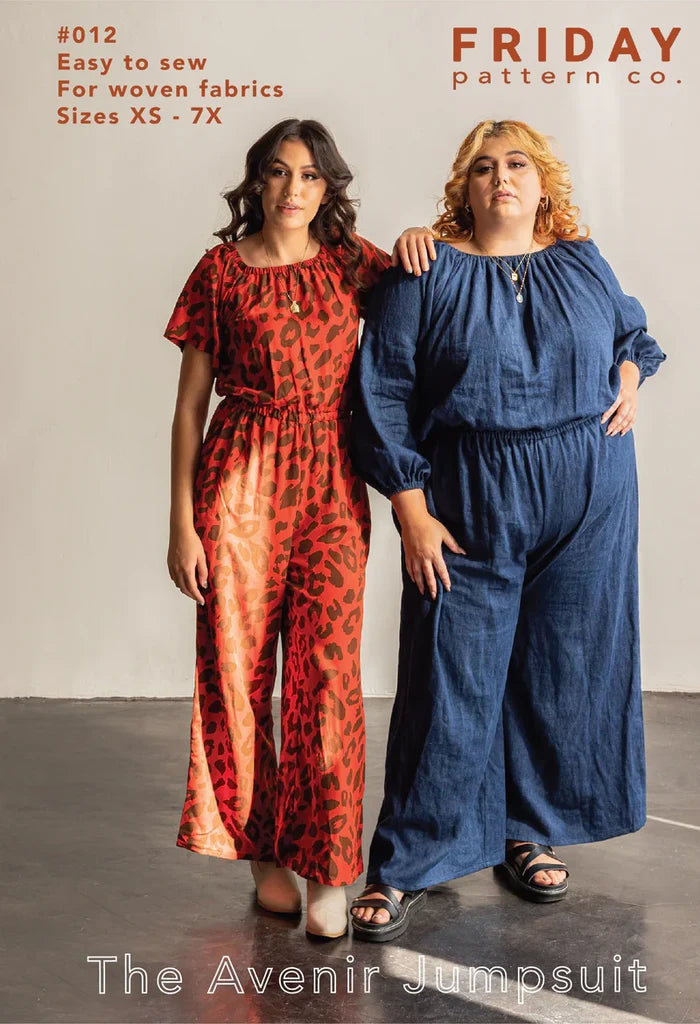 Avenir Jumpsuit Sewing Pattern – wide-leg, elastic waist jumpsuit with sleeve options (XS–7X)