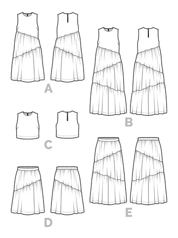 Set of line drawings of Azure Dress, Skirt, and Top  are labeled A to E on a white background