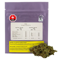 Rear view of the purple Virtue Cannabis Banjo pouch with regulatory labels, a white information panel, and a cannabis bud at the bottom right.