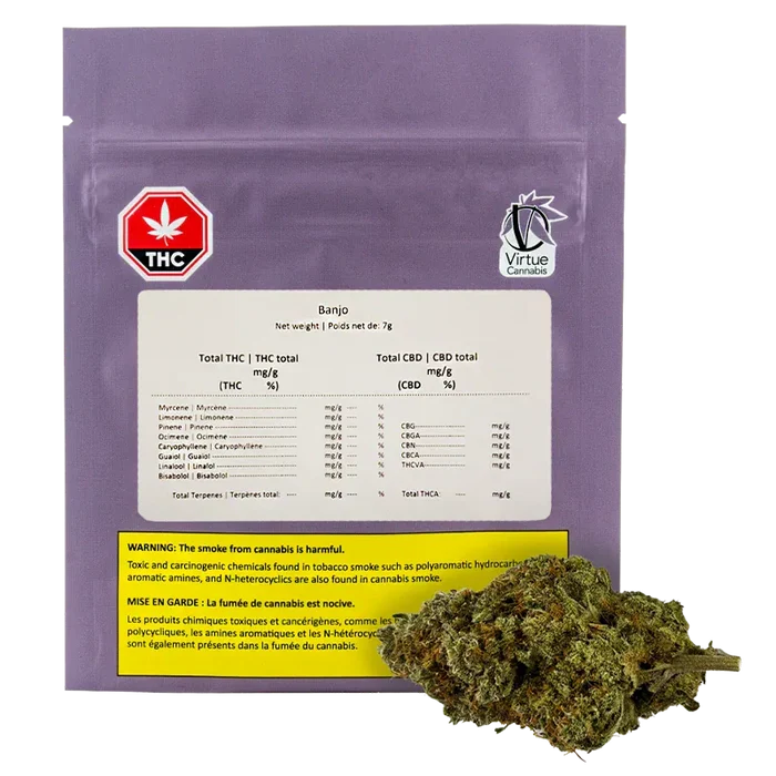 Rear view of the purple Virtue Cannabis Banjo pouch with regulatory labels, a white information panel, and a cannabis bud at the bottom right.