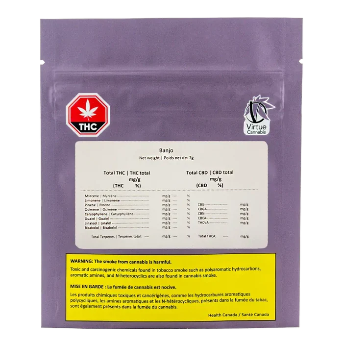 Front-facing shot of the purple Banjo packaging pouch labeled "Banjo" with a white product panel, THC emblem, Virtue Cannabis logo, and a yellow warning box.