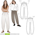 Fashionable Barry Woven Pant pattern featuring a ruffled elastic waistband, balloon-shaped legs, and angled pockets for a contemporary look.