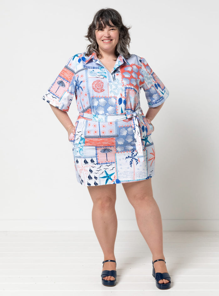 Beckers woven dress sewing pattern made in natural linen with collared neckline