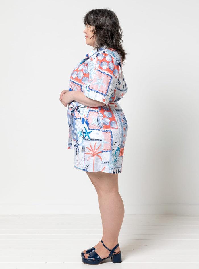 Beckers woven dress sewing pattern made in natural linen with collared neckline