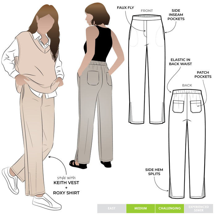 Sophisticated Bennet Pant pattern showcasing straight-leg design with side splits, elastic back waistband, and shaped front waistband for a refined look.