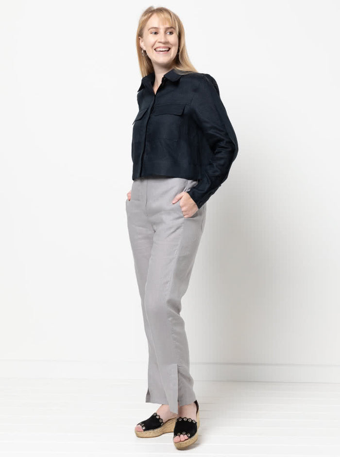 Sophisticated Bennet Pant pattern showcasing straight-leg design with side splits, elastic back waistband, and shaped front waistband for a refined look.