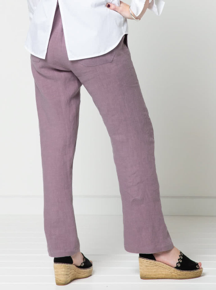 Sophisticated Bennet Pant pattern showcasing straight-leg design with side splits, elastic back waistband, and shaped front waistband for a refined look.