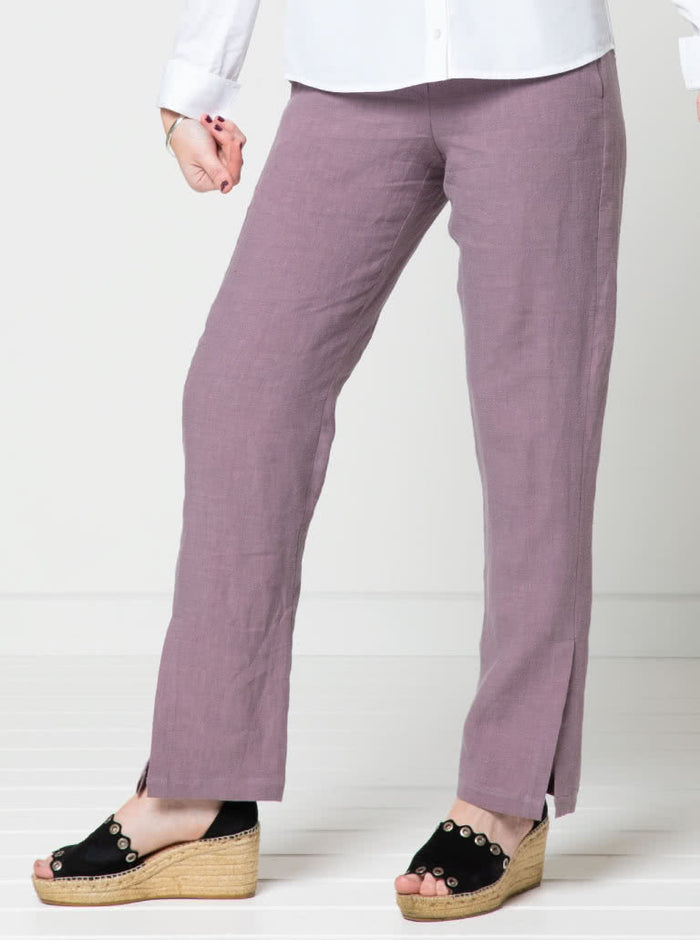 Sophisticated Bennet Pant pattern showcasing straight-leg design with side splits, elastic back waistband, and shaped front waistband for a refined look.