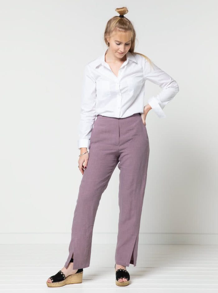 Sophisticated Bennet Pant pattern showcasing straight-leg design with side splits, elastic back waistband, and shaped front waistband for a refined look.