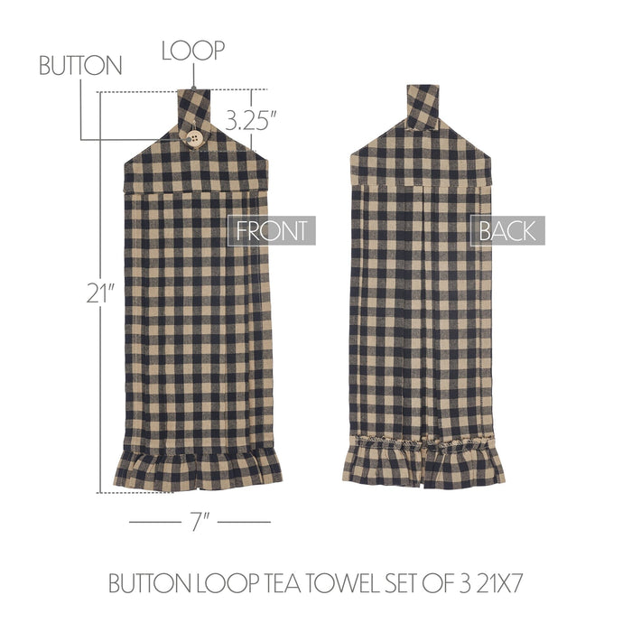 Black Check Button Loop Tea Towels - Set of 3 - Primitive Star Quilt Shop
