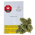 Front view of a white pouch labeled "Black Mountain Side" from WeedMe with a red THC octagon at top left and a cannabis bud placed in front.