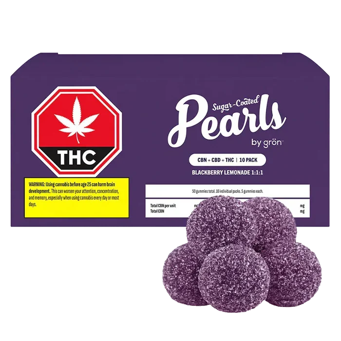 Front-facing purple box and sugar-coated gummies shown together for Blackberry Lemonade CBD:CBN:THC Gummies.