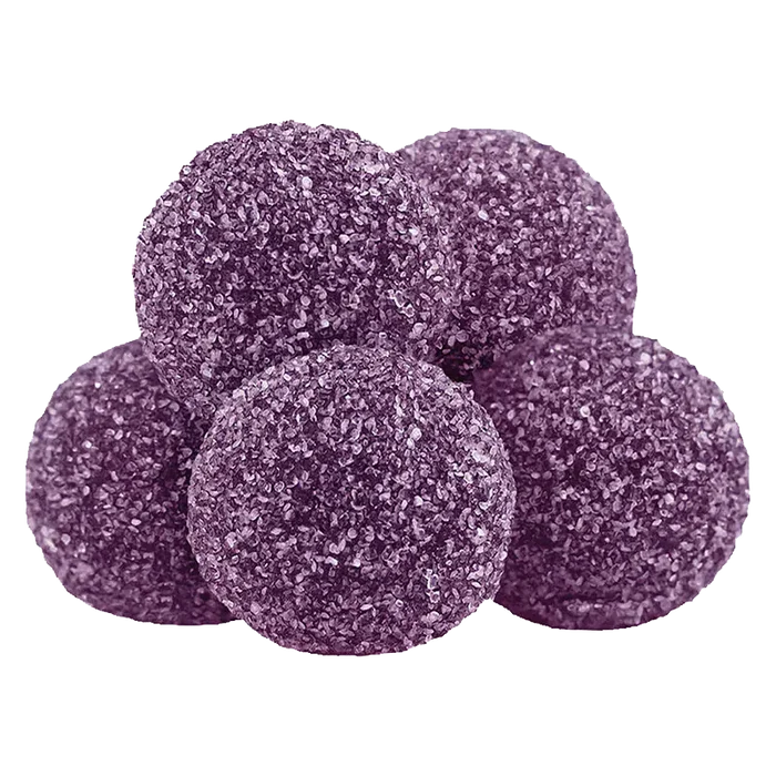 Close-up of five sugar-coated purple gummies stacked in a pyramid, showcasing texture and sparkle of the Blackberry Lemonade CBD:CBN:THC Gummies.