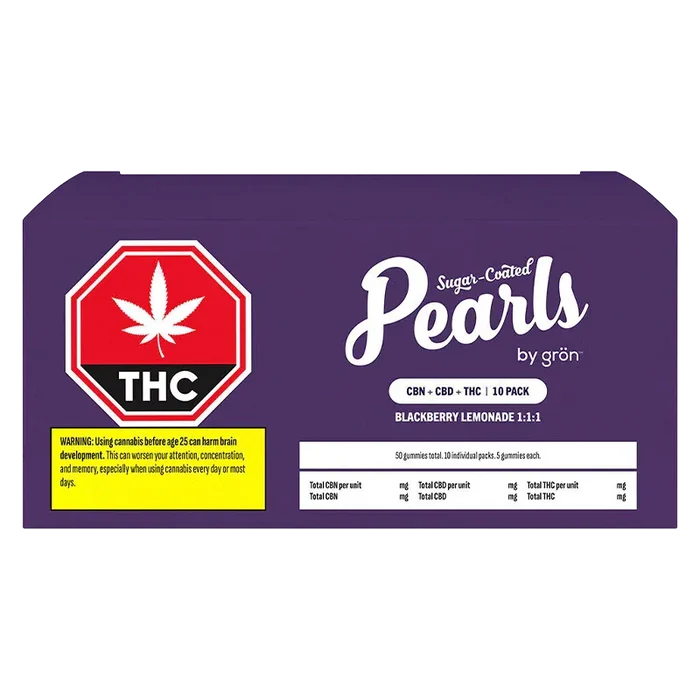 Front-facing image of the purple box of Blackberry Lemonade CBD:CBN:THC Gummies with a large red THC stop-sign icon and white "Pearls" logo.