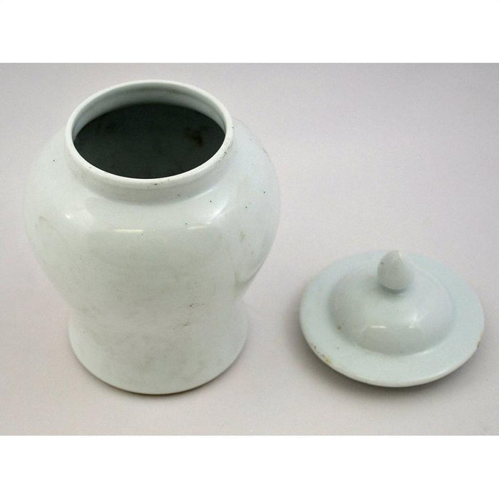 White porcelain bell jar with rounded body and removable lid, close-up on a plain background.