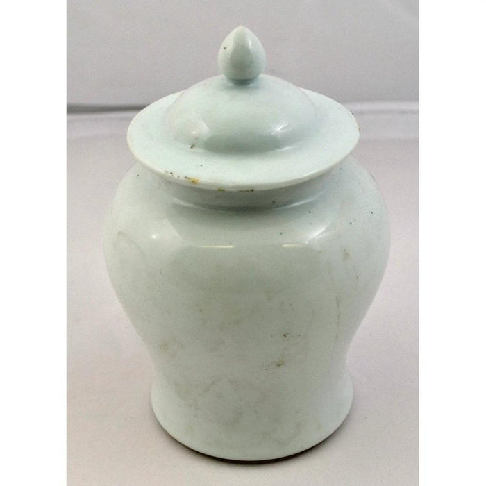 White porcelain bell jar with rounded body and removable lid, close-up against a plain light background.