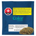 Front-facing shot of a blue packet labeled BlueBberry Se Gual with a yellow THC warning, teal "Color cannabis" logo, and a cannabis bud at the lower right.