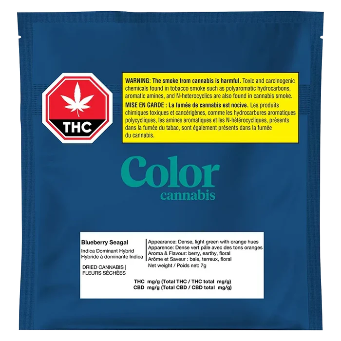 Flat front view of the BlueBberry Se Gual pouch on blue packaging with a THC stop-sign logo, yellow warning box, and white info panel.