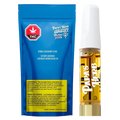 Front-facing product shot of the Blueberry Zlshie Vape Cartridge showing a blue resealable pouch beside a clear cartridge filled with golden oil.