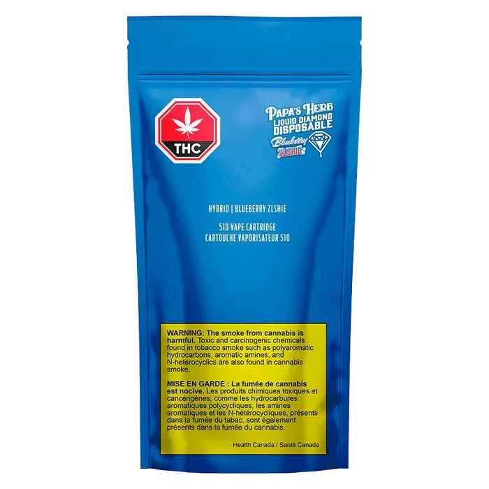 Front-facing shot of a blue pouch labeled "Blueberry Zlshie Vape Cartridge" with Papa's Herb branding, THC symbol, and a yellow health warning at the bottom