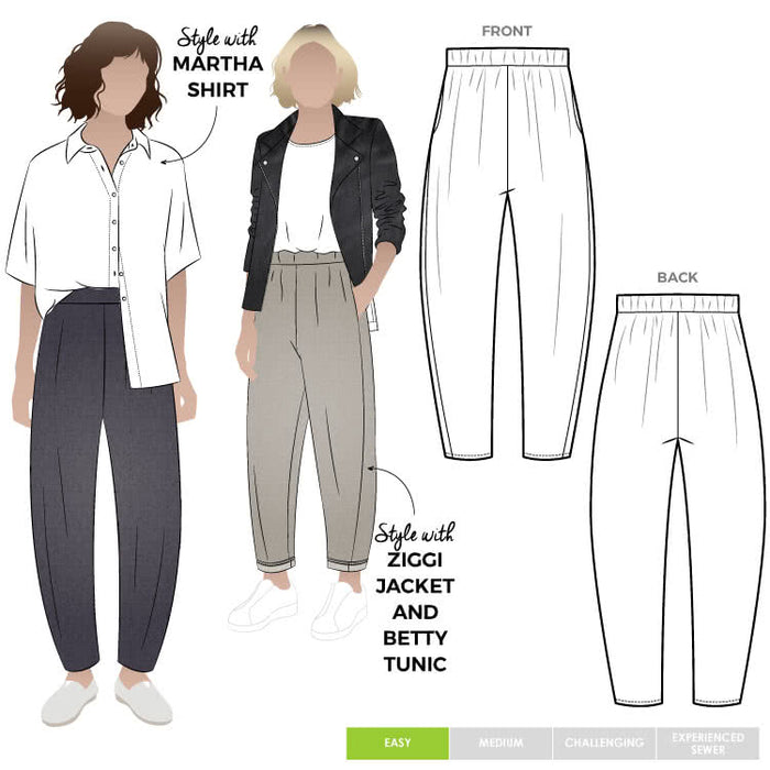 Front view of Bob Woven Pant Sewing Pattern – Balloon-shaped pants with elastic waistband and inseam pockets.