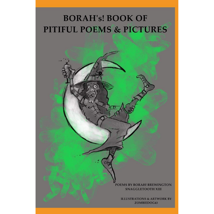 Cover of 'BORAH's! Book of Pitiful Poems &Pictures' featuring a whimsical illustration of a character resembling 'BORAH!' from Salem's Black Hat Society, riding a broomstick, with a spooky, green-toned background.