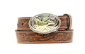A boy's brown western belt with white stitching and a silver tone buckle featuring a gold bullrider design.