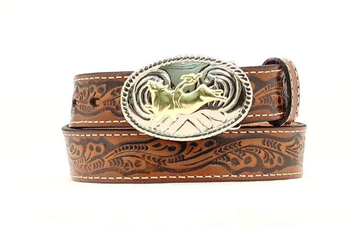 A boy's brown western belt with white stitching and a silver tone buckle featuring a gold bullrider design.