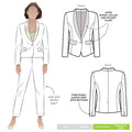 White suit  Bronnie Tuxedo Jacket with contrast shawl collar and pocket flap  and pants with design annotations on a white background