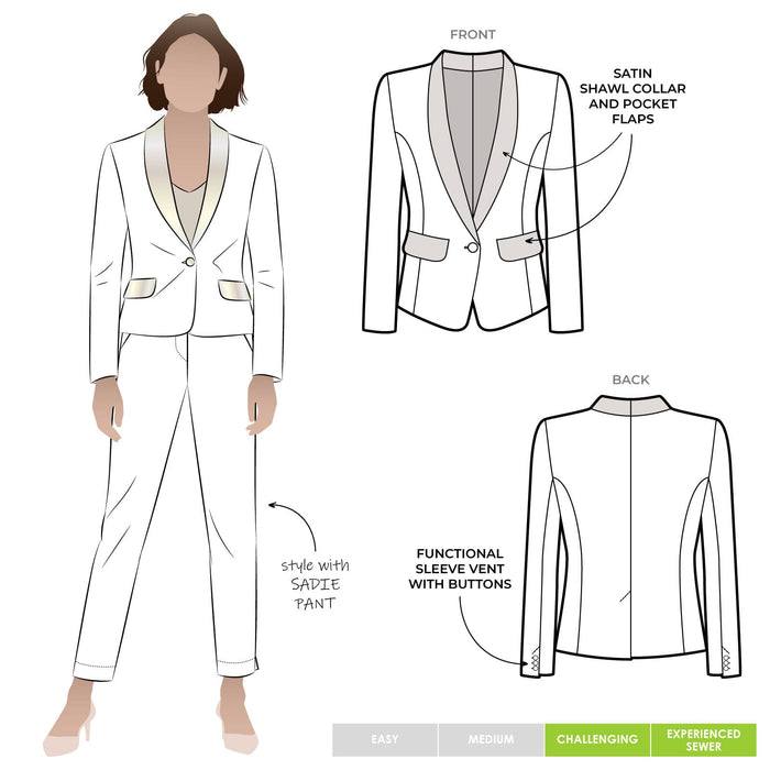 White suit  Bronnie Tuxedo Jacket with contrast shawl collar and pocket flap  and pants with design annotations on a white background