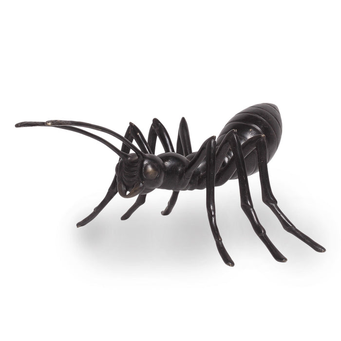Bronze metal ant statue with six legs and two antennae, suitable for garden or outdoor display.