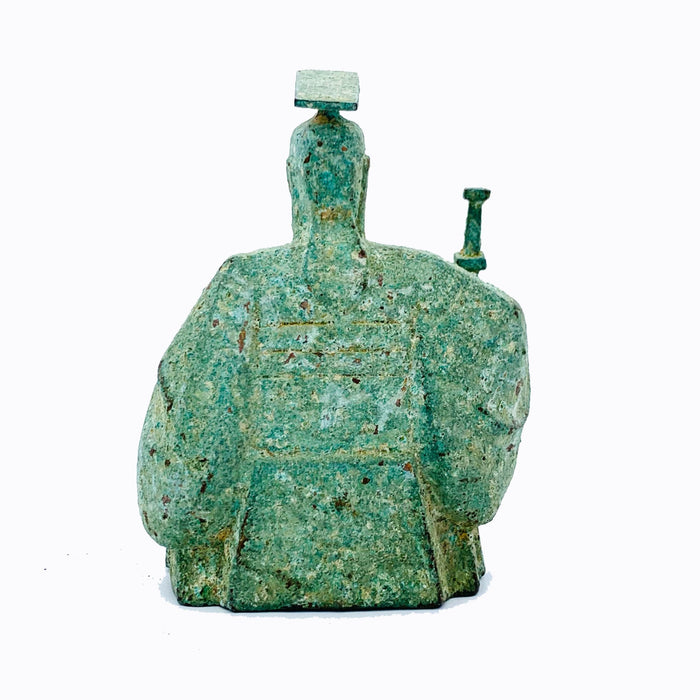 A bronze sculpture of a Qing Dynasty Emperor wearing a green and brown robe, seated on a throne with a textured patina to simulate antiquity.