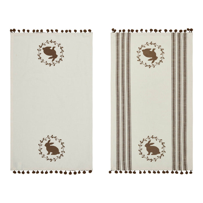 Brown Bunny in Wreath Tea Towels with Pom Pom 16x28" - Set of 2 - Primitive Star Quilt Shop