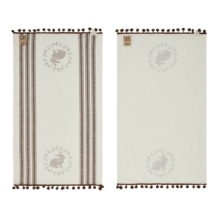 Brown Bunny in Wreath Tea Towels with Pom Pom 16x28" - Set of 2 - Primitive Star Quilt Shop