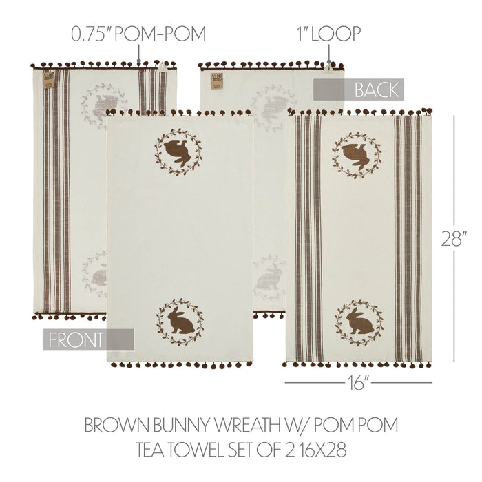 Brown Bunny in Wreath Tea Towels with Pom Pom 16x28" - Set of 2 - Primitive Star Quilt Shop