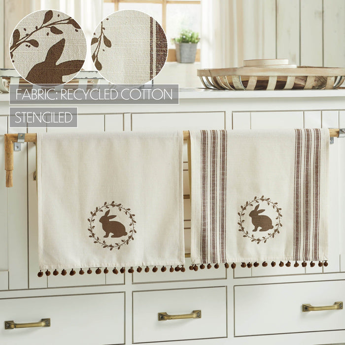 Brown Bunny in Wreath Tea Towels with Pom Pom 16x28" - Set of 2 - Primitive Star Quilt Shop