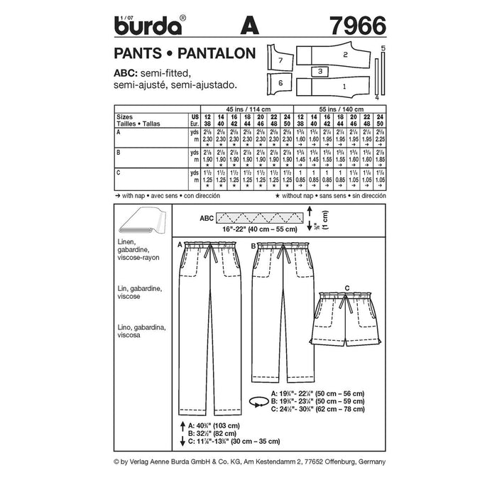Image of Burda Style Sewing Pattern for pants, showcasing three different lengths with elastic waistbands and seam pockets, suitable for various fabrics.