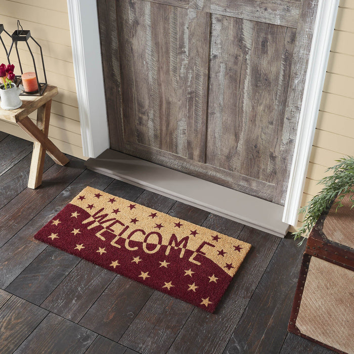 Burgundy and Tan Stars "Welcome" Coir Rectangle Rug 17x36" - Primitive Star Quilt Shop
