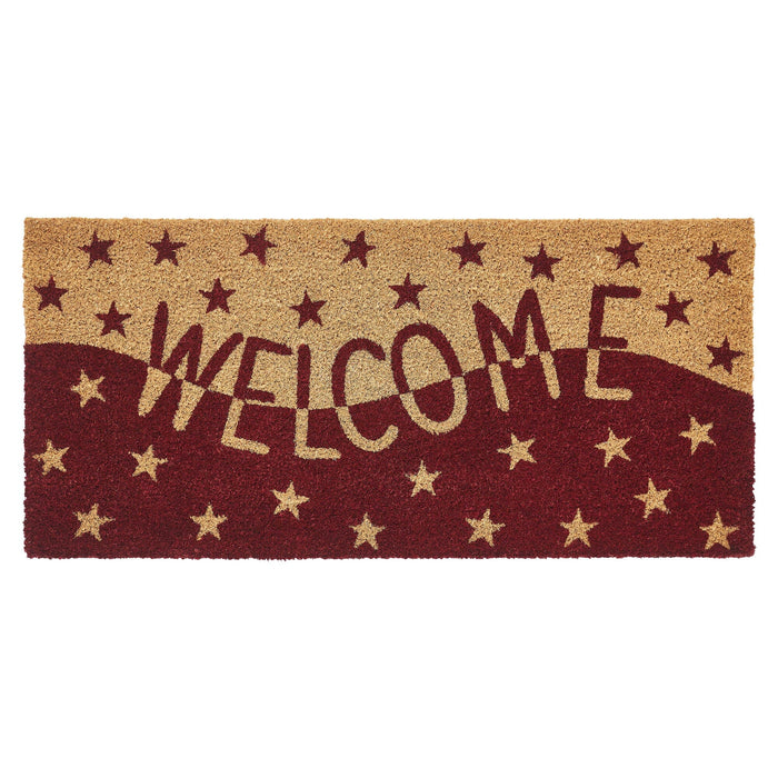 Burgundy and Tan Stars "Welcome" Coir Rectangle Rug 17x36" - Primitive Star Quilt Shop