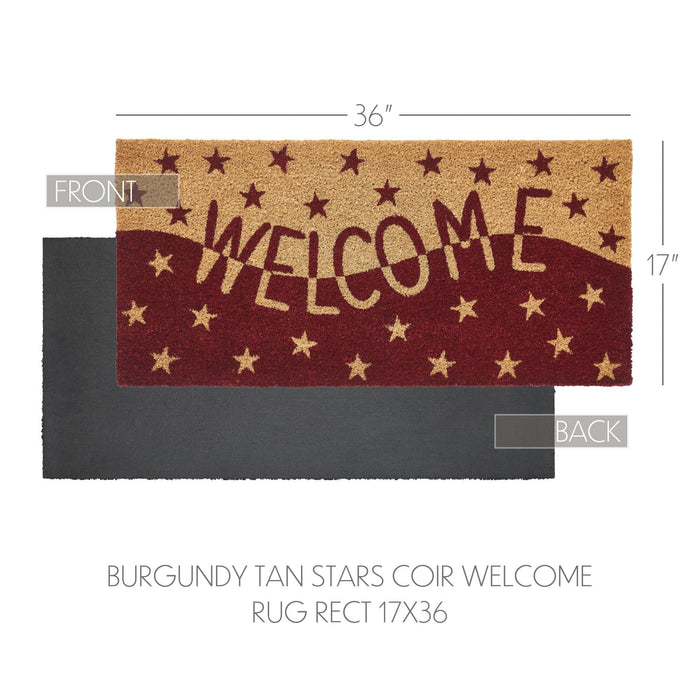 Burgundy and Tan Stars "Welcome" Coir Rectangle Rug 17x36" - Primitive Star Quilt Shop