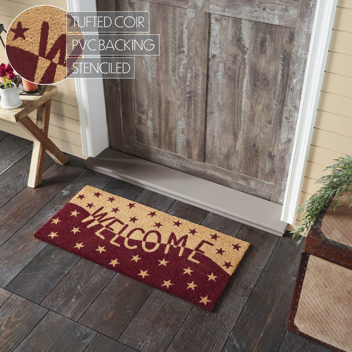 Burgundy and Tan Stars "Welcome" Coir Rectangle Rug 17x36" - Primitive Star Quilt Shop