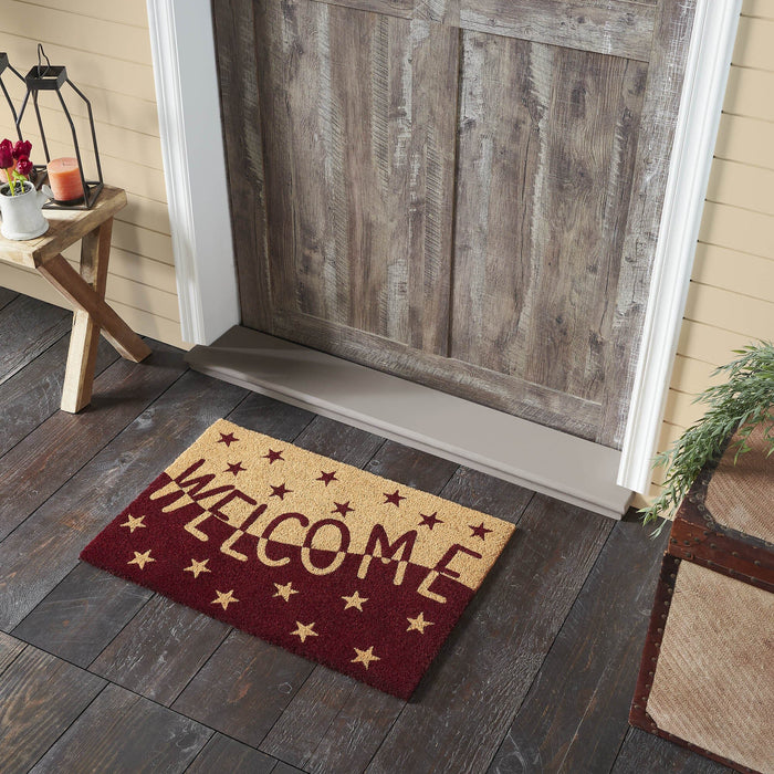 Burgundy and Tan Stars "Welcome" Coir Rectangle Rug 20x30" - Primitive Star Quilt Shop