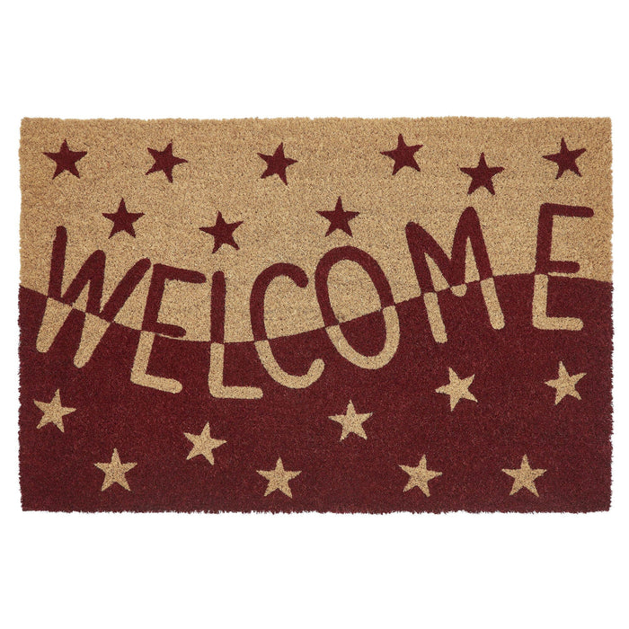 Burgundy and Tan Stars "Welcome" Coir Rectangle Rug 20x30" - Primitive Star Quilt Shop