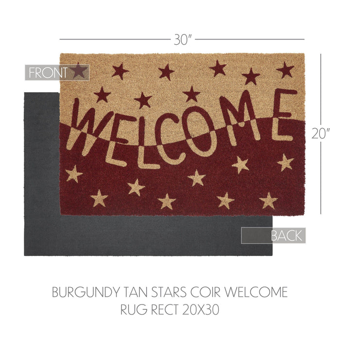Burgundy and Tan Stars "Welcome" Coir Rectangle Rug 20x30" - Primitive Star Quilt Shop