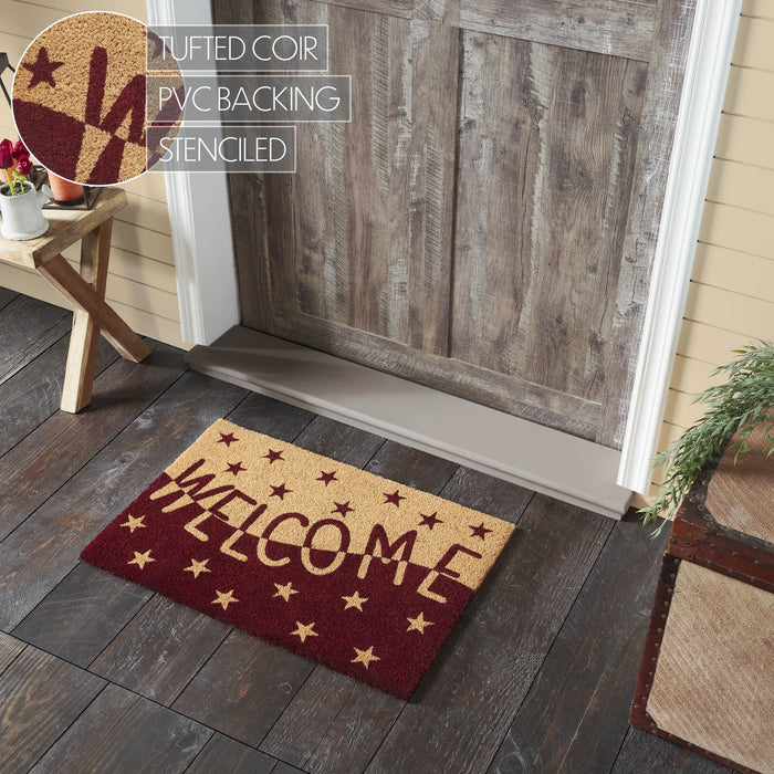 Burgundy and Tan Stars "Welcome" Coir Rectangle Rug 20x30" - Primitive Star Quilt Shop