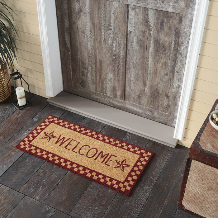 Burgundy Check Stars "Welcome" Coir Rectangle Rug 17x36" - Primitive Star Quilt Shop