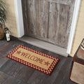 Burgundy Check Stars "Welcome" Coir Rectangle Rug 17x36" - Primitive Star Quilt Shop