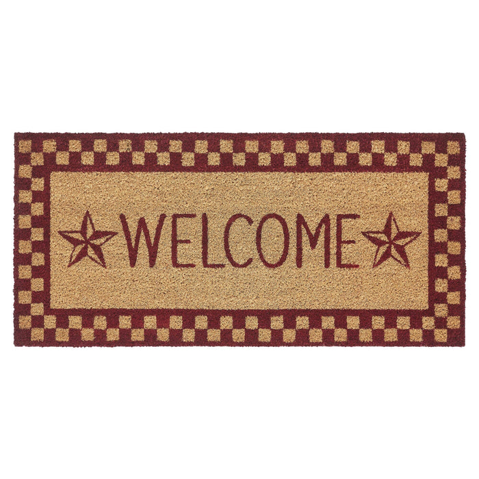 Burgundy Check Stars "Welcome" Coir Rectangle Rug 17x36" - Primitive Star Quilt Shop