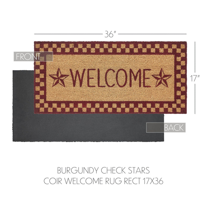 Burgundy Check Stars "Welcome" Coir Rectangle Rug 17x36" - Primitive Star Quilt Shop